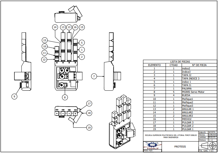 Plano de ensamblaje de la mano